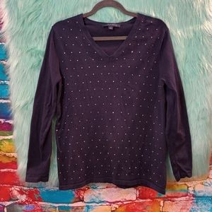 Tommy Hilfiger Navy Blue and Rose Gold Long Sleeve V-Neck top. size L
